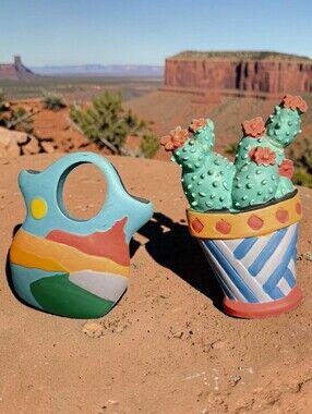 Arizona Motif Hand-Painted  Cactus & Pitcher Magnets  Southwestern Colorful
